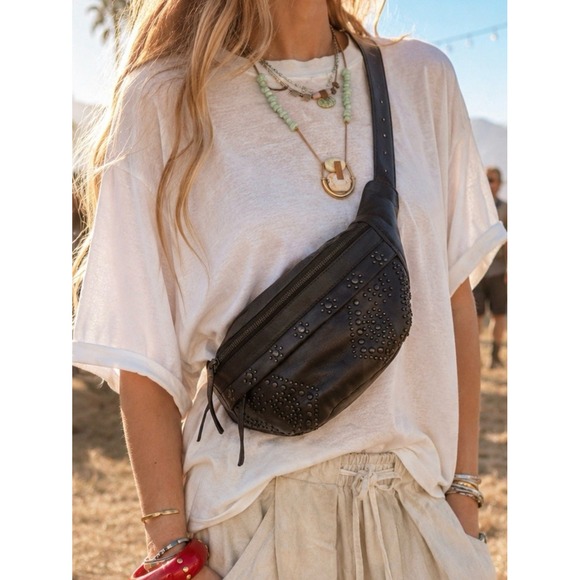Free People Handbags - NWT!! FREE PEOPLE Black Leather Ana Adorned Sling Bag Solid Studded Embellished